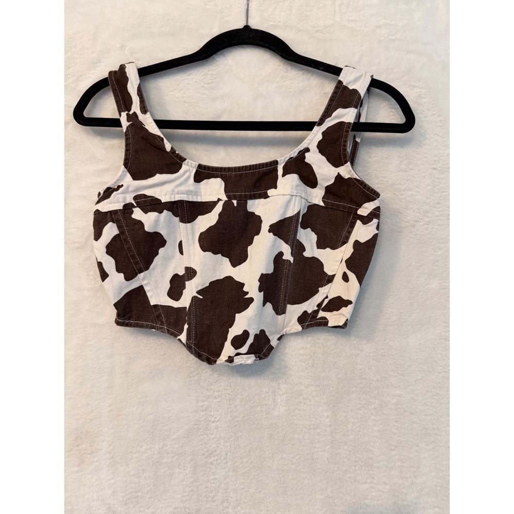 Lone Star Cow Print Corset Top Womens Small Brown White Denim Smocked Crop Tank